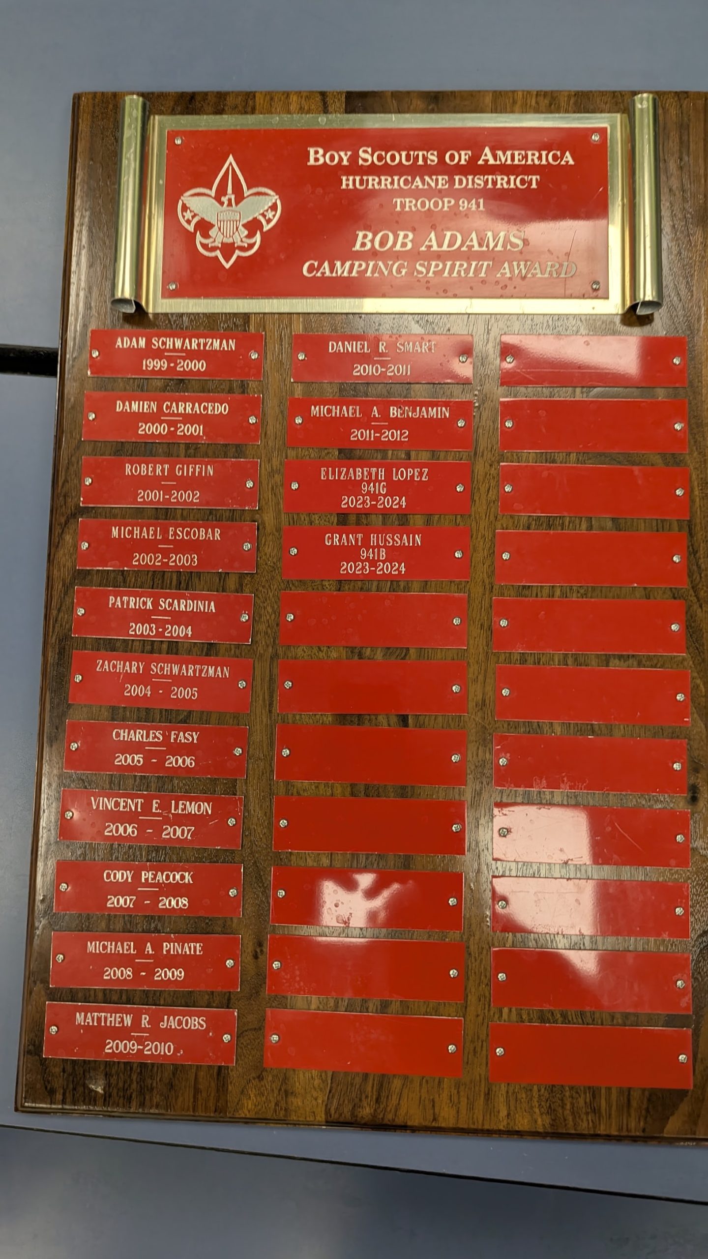 Bob Adams Camping Spirit Award Plaque